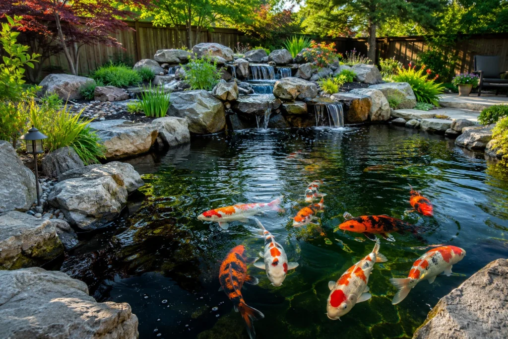 Backyard koi pond with colorful koi fish swimming near rock landscaping