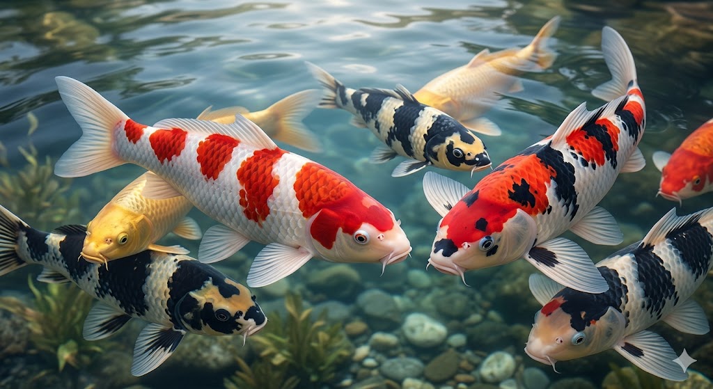 Close-up of mature koi fish showing vivid orange, white, and black coloring