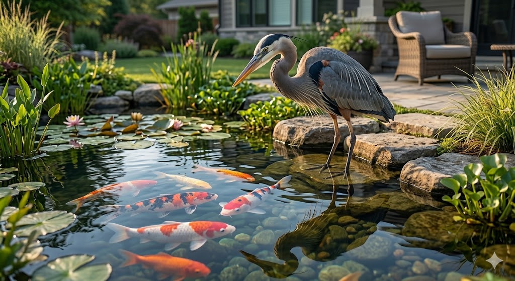 Heron standing near a backyard koi pond, a common predator risk for pond owners