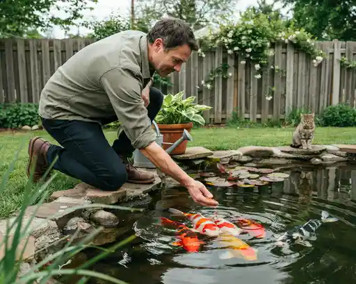 Homeowner feeding koi fish by hand at the edge of a backyard pond