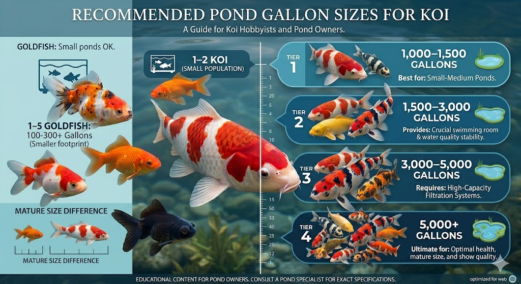 Infographic showing recommended koi pond size in gallons based on number of fish