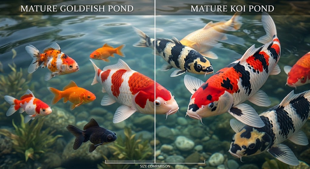 Side-by-side comparison of a goldfish pond and a koi pond showing size and depth differences